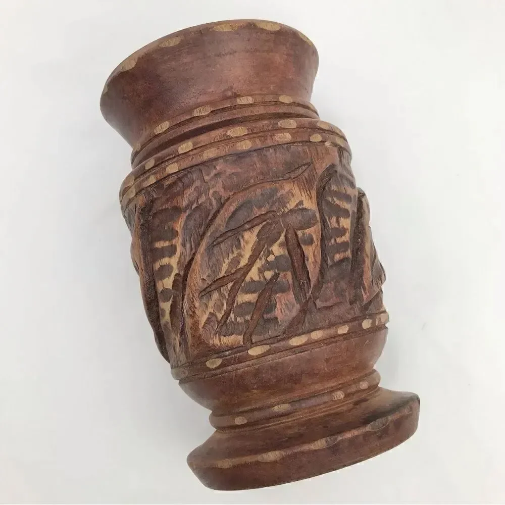 Wood Hand Carved Brown Turned Pedestal  Vase